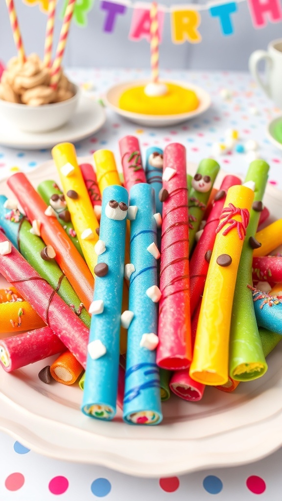 Colorful pool noodle drumsticks decorated with frosting and candy on a festive platter.